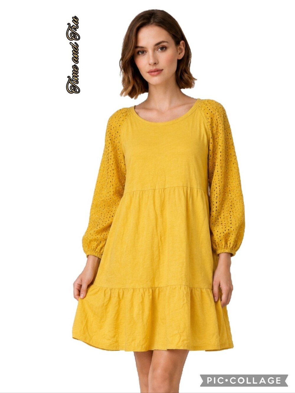 Time and Tru mustard color 100% cotton dress,eyelet sleeves,tiered body L 12-14